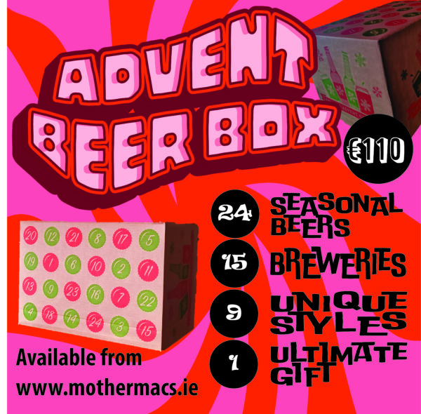 Advertisement for Advent Beer Box from Mother Macs Public House. Includes a picture of a beer box with 24 dates, the price of 110 euro and descriptive text