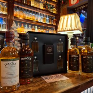 Whiskey bar counter with 4 Irish Whiskey bottles and 1 luxury gift box