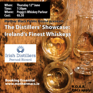 A picture of 3 whiskey glasses sitting on an oak counter. The text reads The Distillers Showcase: Ireland's finest whiskeys