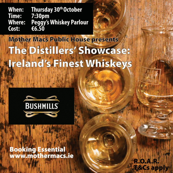 A picture of 3 whiskey glasses sitting on an oak counter. The text reads The Distillers Showcase: Ireland's finest whiskeys