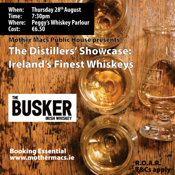 A picture of 3 whiskey glasses sitting on an oak counter. The text reads The Distillers Showcase: Ireland's finest whiskeys